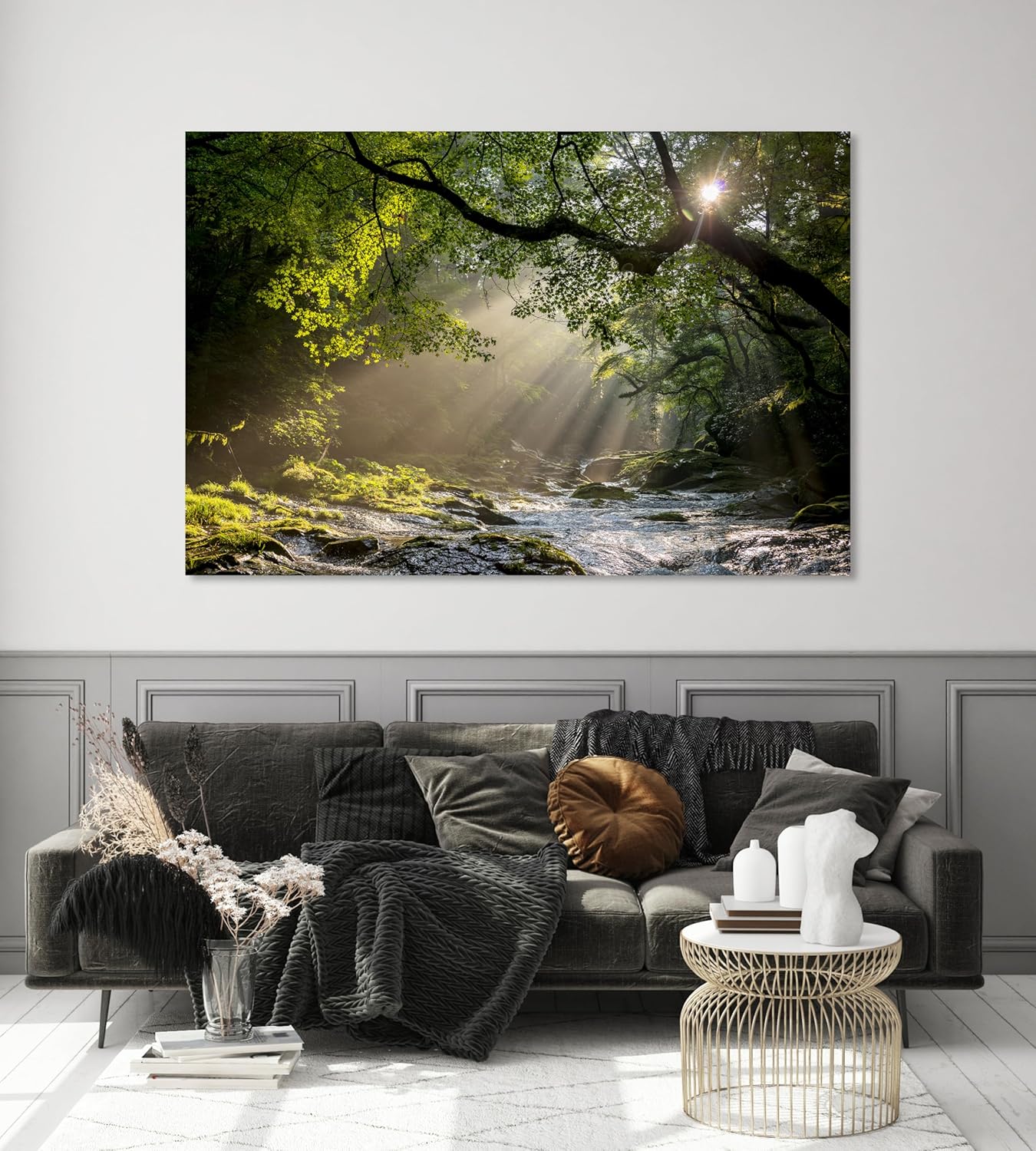 Nature Wall Art Prints - Ocean Forest Mountain Lake Canvas Landscapes - Small to Extra Large Living Room Bedroom Kitchen Bathroom Décor (Rocky River in the Woods, 24L" x 36W")