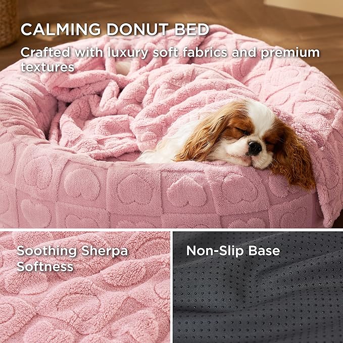 Bedsure Cat Beds for Indoor Cats - Donut Dog Beds for Small Dogs Puppy Kitten with Anti Slip Bottom, Round Sherpa Pet Beds with Washable Removable Cover, Pink, 20x20x6 inches
