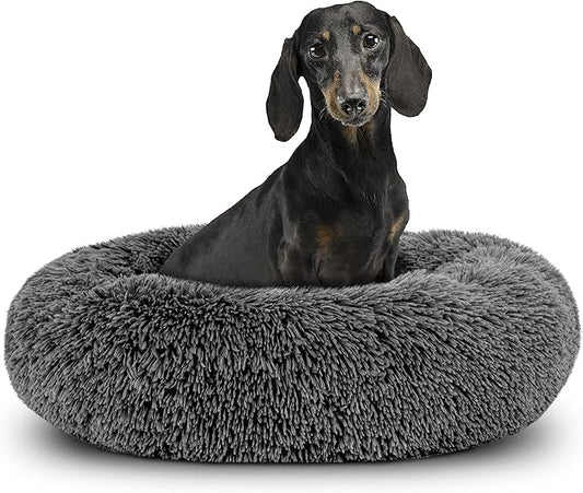 The Dog’s Bed Sound Sleep Donut Dog Bed, Small Steel Grey Fur Calming Nest Bed, Veterinary Approved