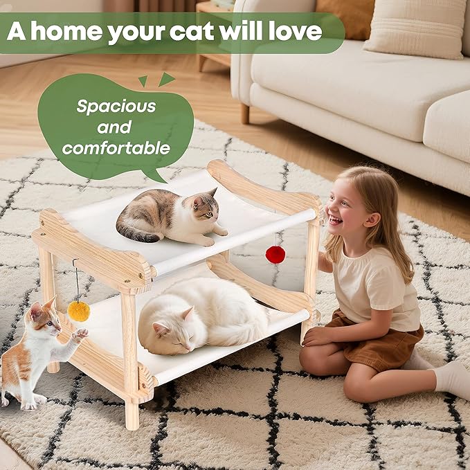 2-Layer Cat Hammock Bed, 24"x15.7"x16.3" Elevated Cat Bed with Pine Wood Frame, Breathable Washable Covers, Wooden Pet Furniture for Indoor Cats and Small Animals(White-2)