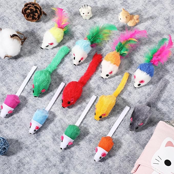 Sosation 100 Pcs Fur Cat Mouse Toys Assorted Interactive Cat Toys Rattle Sound Mice for Kitten Catch Play Indoor Interactive