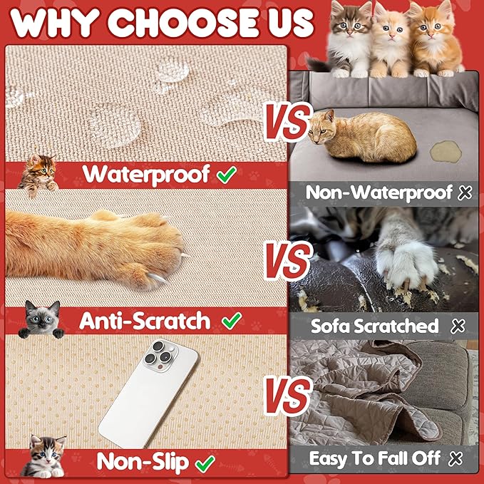 Cat Scratch Furniture Protector - Anti-Slip, Waterproof Sofa Cover to Keep Cats Off, Pet-Friendly Couch Protectors for 3 Cushion Couch, Khaki Anti-Scratch Couch Cover for Pets and Kids 150"X71"