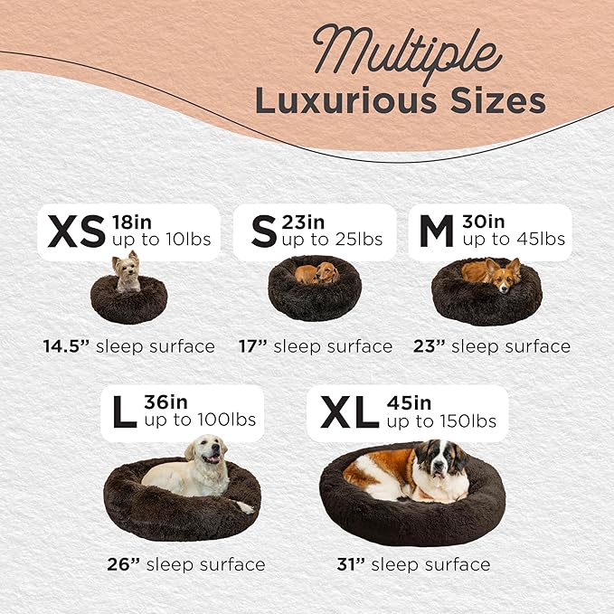 Best Friends by Sheri Original Calming Donut Dog and Cat Bed, Shag Faux Fur, Dark Brown, (30in x 30in) - Anxiety Relief for Pets Up to 45 lbs