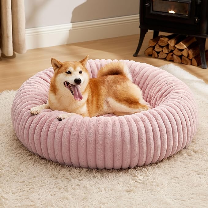 Bedsure Donut Large Dog Bed - Washable Faux Fur with Corduroy Fleece & Anti Slip Bottom, Round Pet Bed with Removable Cover, Blush Pink, 36x36x10 inches