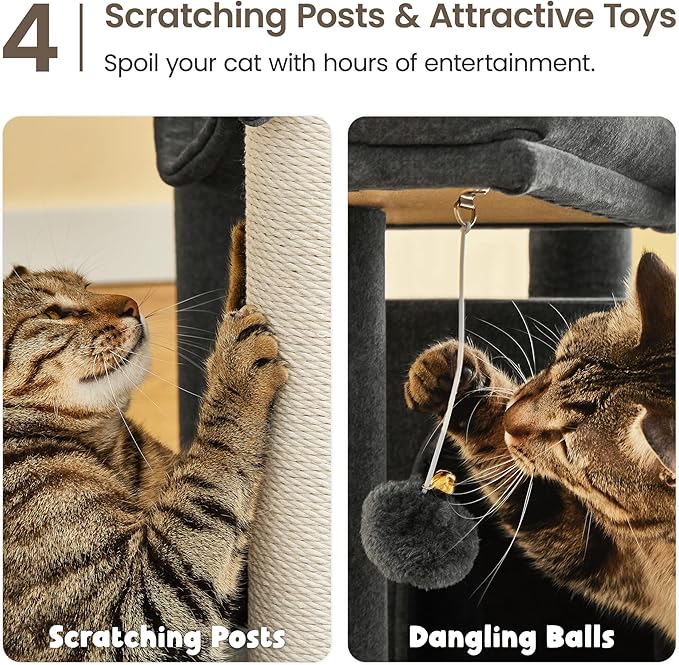 MWPO Large Modern Cat Tree, 70.1-Inch Wood Cat Tower for Indoor Cats, Multi-Level Tall Cat Condo with 2 Padded Perches, Hammock, Scratching Posts, Dangling Toys, Smoky Grey