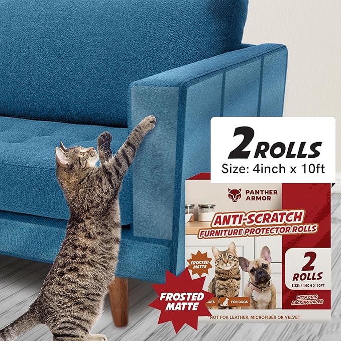 Panther Armor Frosted Matte Cat Scratch Tape for Furniture, Couch Protector, Single Side Sticky Tape for Pets to Stop Scratching, 4 in x 10ft, No Pins Required, Corner Protection