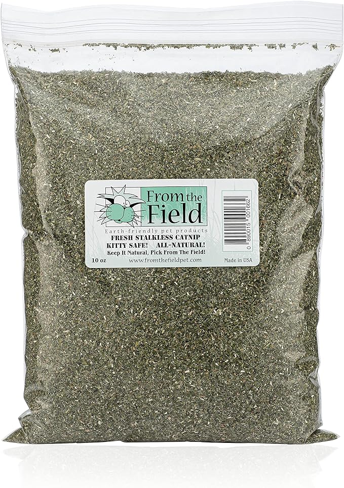 from The Field | Fine Ground Stalkless Catnip | Premium USA-Grown Catnip for Toys & Playtime | Fresh, Potent, Non-Toxic, Eco-Friendly | Safe for Kittens & Cats | Resealable 10 Oz Bag