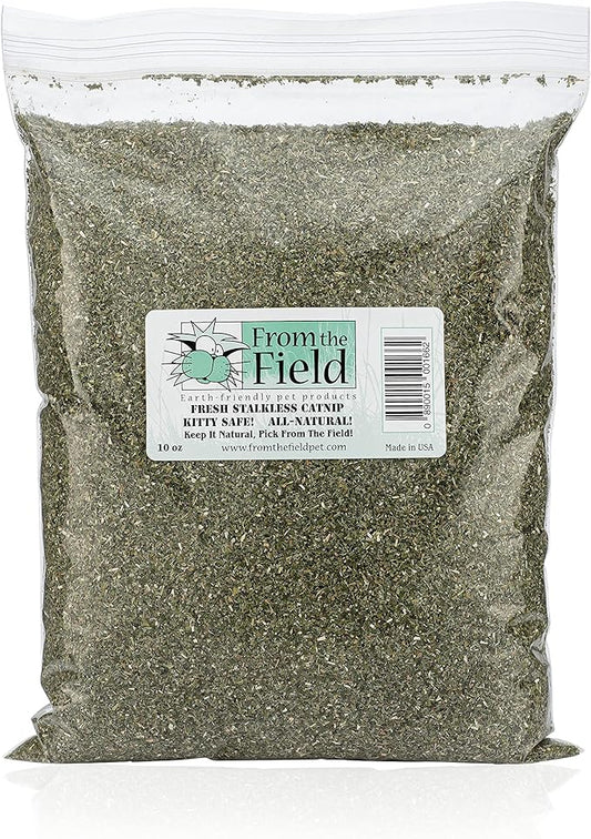 from The Field | Fine Ground Stalkless Catnip | Premium USA-Grown Catnip for Toys & Playtime | Fresh, Potent, Non-Toxic, Eco-Friendly | Safe for Kittens & Cats | Resealable 10 Oz Bag