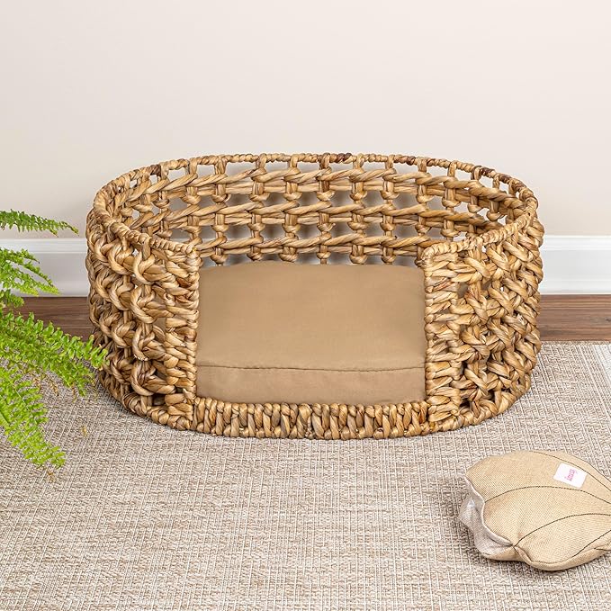 DBD4000A Gigi 24" x 18" Modern Bohemian Handwoven Hyacinth Open-Weave Oval Pet Bed with Machine-Washable Cushion, Natural
