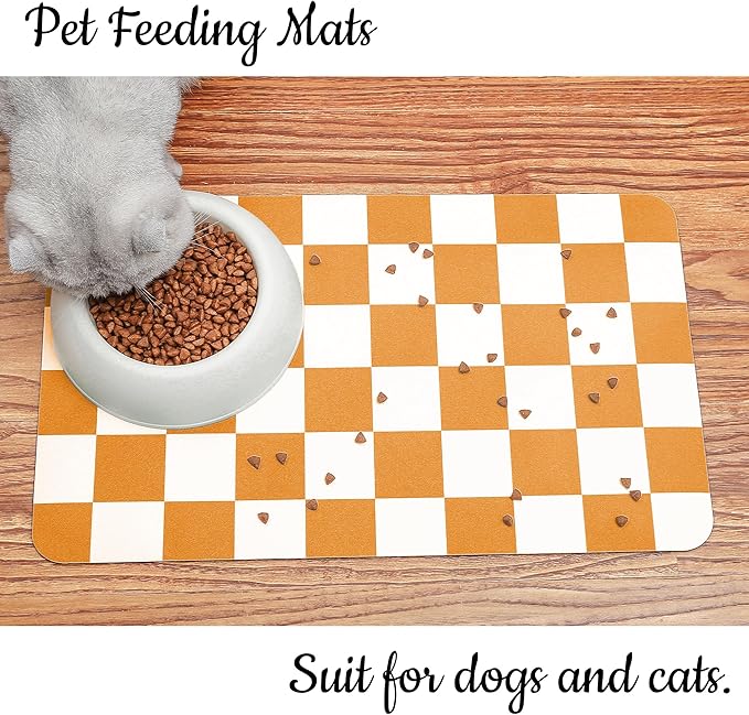 Ralxion Checkered Dog Feeding Mat, Absorbent Mats for Dog Food and Water Bowl, Dispenser, Aesthetic Orange Checkerboard Pet Placemat for Dogs, Cats, Puppy Accessories (Orange, 12 x 19)