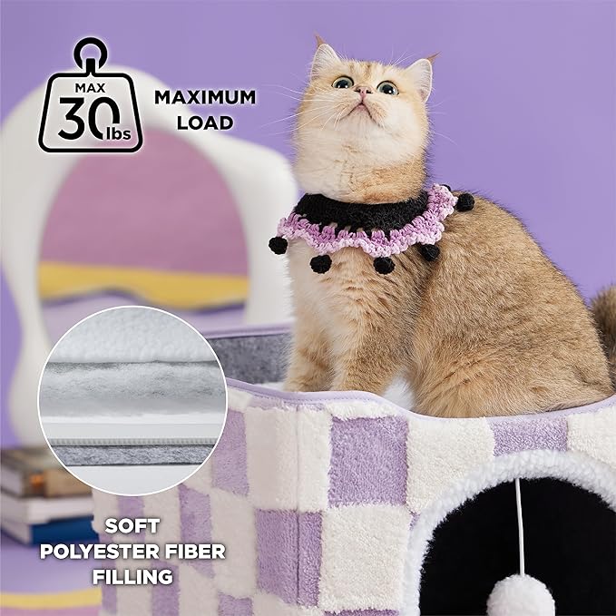 Lesure Indoor Cat Beds Kitten House - Large Cat Cave for Pet Cube with Fluffy Ball Hanging, Foldable Small Animal Hideaway, 16.5x16.5x13 inches, Lavender Checks