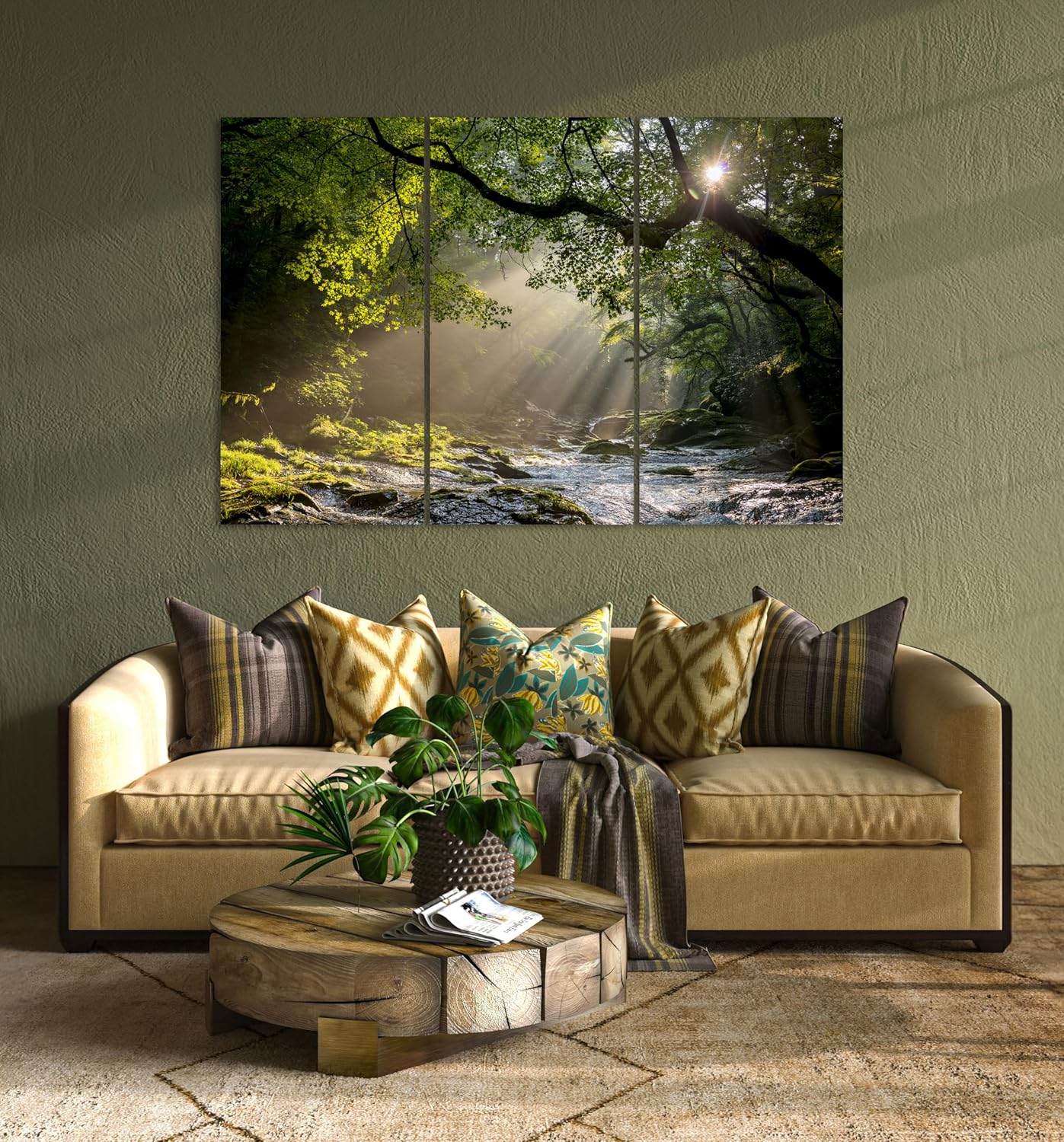 Nature Wall Art Prints - Ocean Forest Mountain Lake Canvas Landscapes - Small to Extra Large Living Room Bedroom Kitchen Bathroom Décor (Rocky River in the Woods, 39L" x 59W" - 3 Panels)