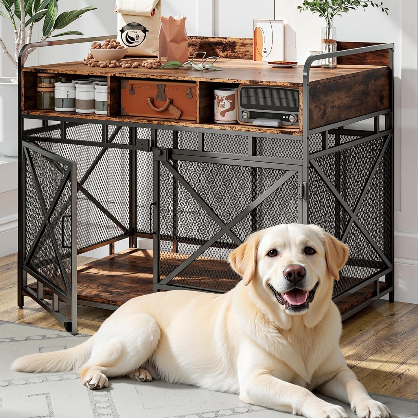 Dog Crate Furniture, 43" Heavy Duty Wooden Dog Crate End Table, XL Dog Kennel Furniture Large Breed, Decorative Dog Kenne Indoor with 3 Drawers & Steel Tubes 43" L x28 W x36 H (Rustic Brown)