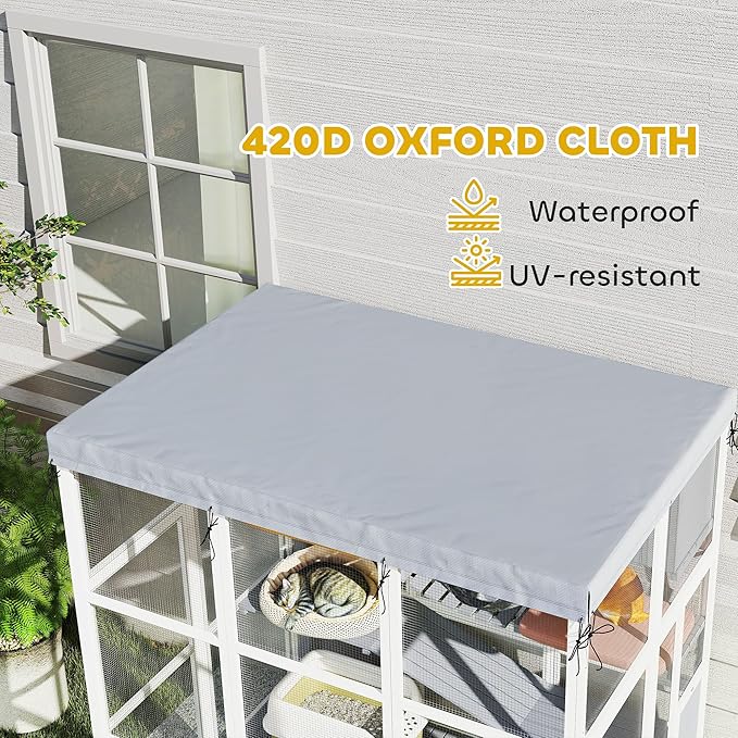 PawHut Catio Outdoor Cat Enclosure, Large Luxury Cat House Outside with Hammock, Condo, Jump Platforms, Ladders, Ramps, Tarp, Walk in Cat Cage for 2-4 Large Cats, 71"