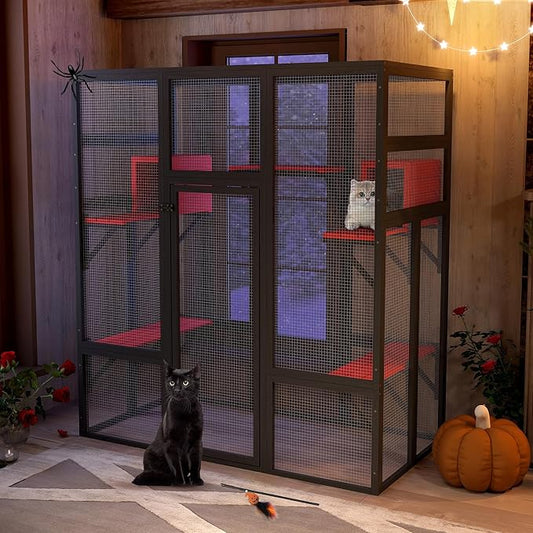 COZIWOW 70Inches Large Spacious Wooden Catio Outdoor Cat Enclosure with Perches and Condos, Cat Cage Indoor with Waterproof Roof, 7 Platforms & 2 Resting Box, UV Resistant (Gothic)