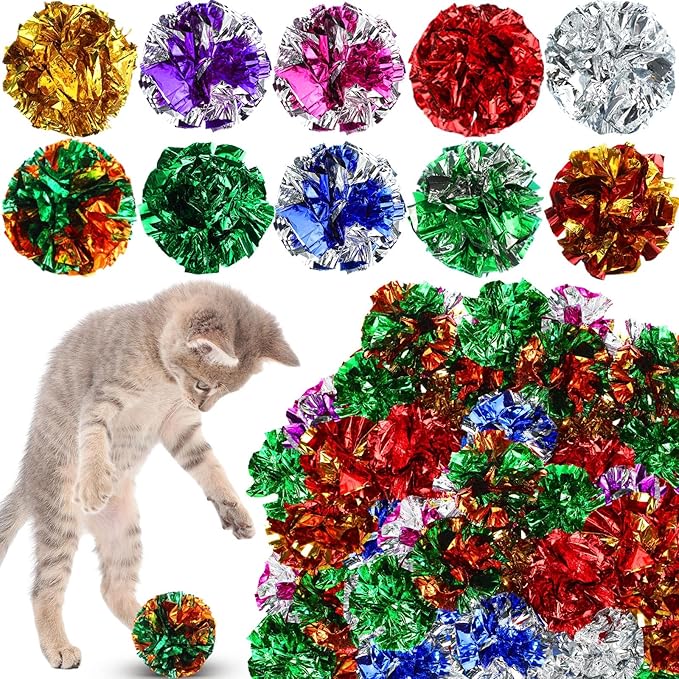 Silkfly 100 Pcs Polyester Film Crinkle Balls Cat Interactive Toys 2.36 Inch Colorful Chew and Chase Cat Ball Toys Attract Kittens for Indoor Keep Fit Active