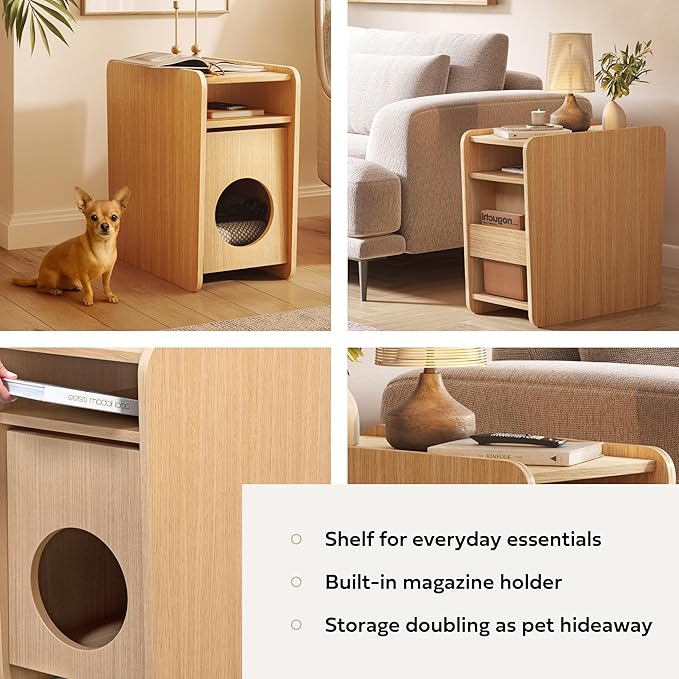 WERMO 12'' Cat Hideaway Side Table - Cat House for Indoor Cats and Enclosed Bed Cave and Hideout for Small Pets with Magazine Holder & Storage Doubling as Narrow End Table, Wood Night Stand (Oak)