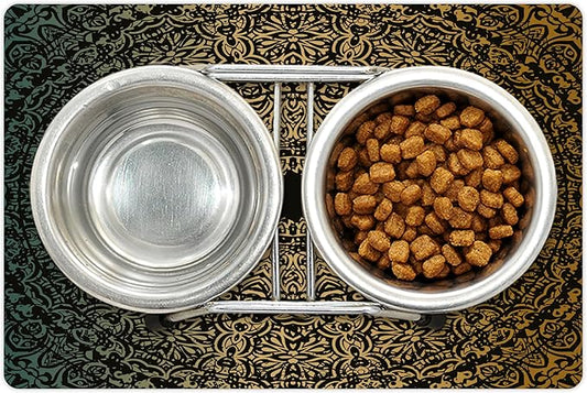 Lunarable Mandala Pet Mat for Food and Water, Round Design Detailed Floral Pattern in Earthy Tones, Non-Slip Rubber Mat for Dogs and Cats, 18" X 12", Fern Green