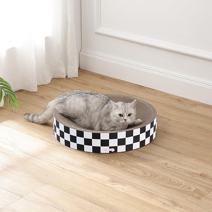 CSR1010F Nelson 20.13" Modern Cardboard Round Bowl Cat Scratcher with Catnip, Checkered