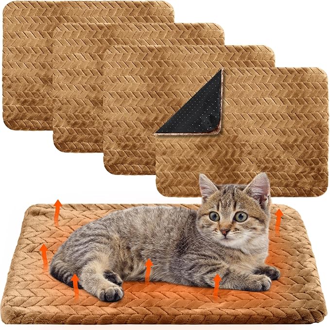 4 Pack Self Heating Cat Pad 16 x 20 Inch Self Warming Cat Bed Non Slip Warm Dog Pad Mat Washable Pet Kennel Crate Bed Mat for Indoor Outdoor Pets(Camel,16 x 20 Inch)