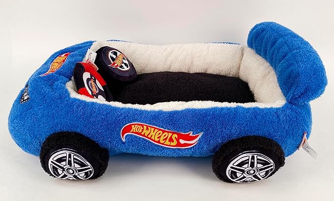Hot Wheels Plush Car Pet Bed – Themed Blue Car Design for Dogs and Cats with Toy Steering Wheel and Tire