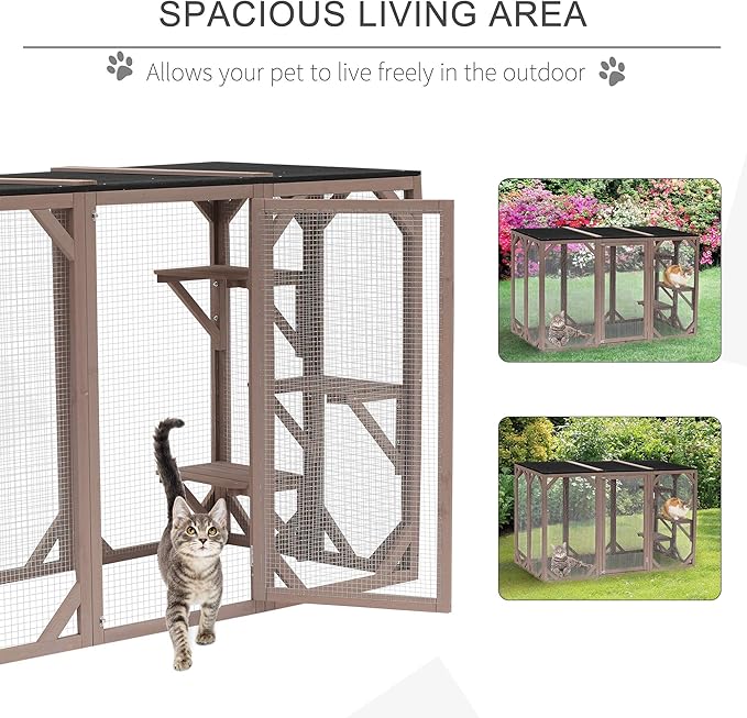 PawHut Outdoor Cat House, Catio Wooden Feral Cat Shelter, Cat Cage with Platforms, Large Enter Door, Weather Protection Asphalt Roof, 71" L, Brown