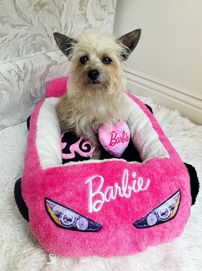 Barbie Plush Car Pet Bed- Themed Plush Pink Pet Bed for Dogs and Cats – Soft and Cozy Pet Bed with Barbie Pillow and Car Design
