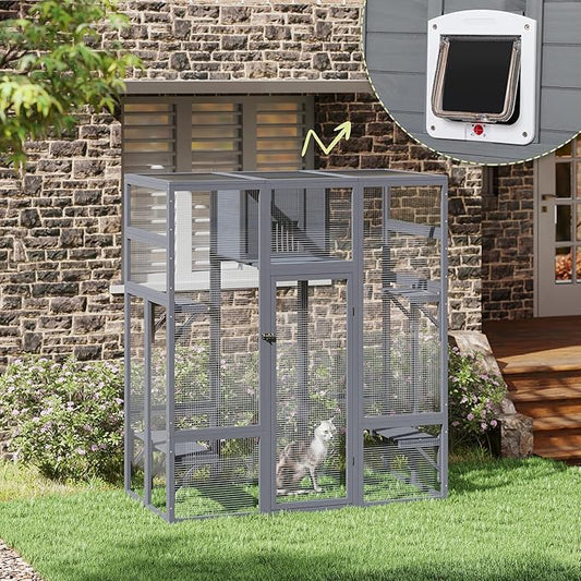 COZIWOW Upgraded Extra Large Outdoor Catio Enclosure with 4-Way Pet Door, Insulated Cat House, Weatherproof PVC Cover, Window Attachable, Gray