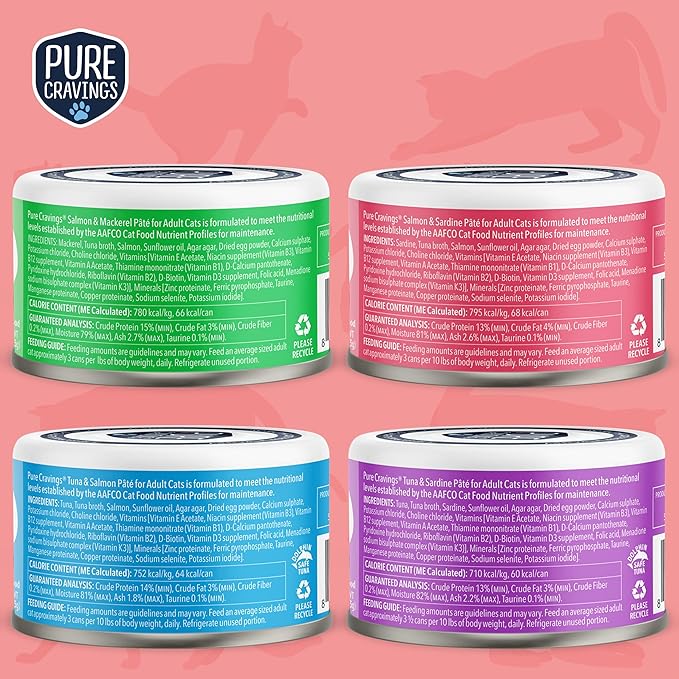 Pate, Canned Wet Cat Food, 100% Mercury-Tested, Moist Can Fish, Grain-Free Protein, Non-GMO, Variety Pack of 12-3X Tuna/Salmon, 3X Tuna/Pumpkin, 3X Tuna/Sardine, 3X Salmon/Sardine