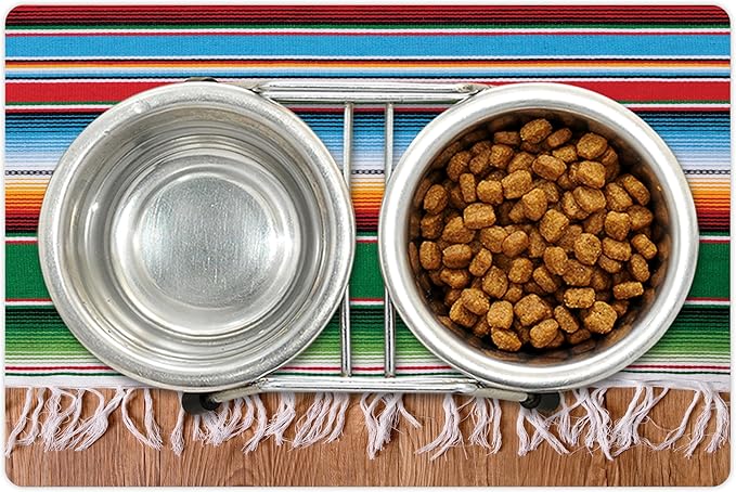 Lunarable Mexican Pet Mat for Food and Water, Colorful Boho Serape Pattern with Horizontal Stripes and Lines Cultures Picture, Non-Slip Rubber Mat for Dogs and Cats, 18" X 12", Green Red