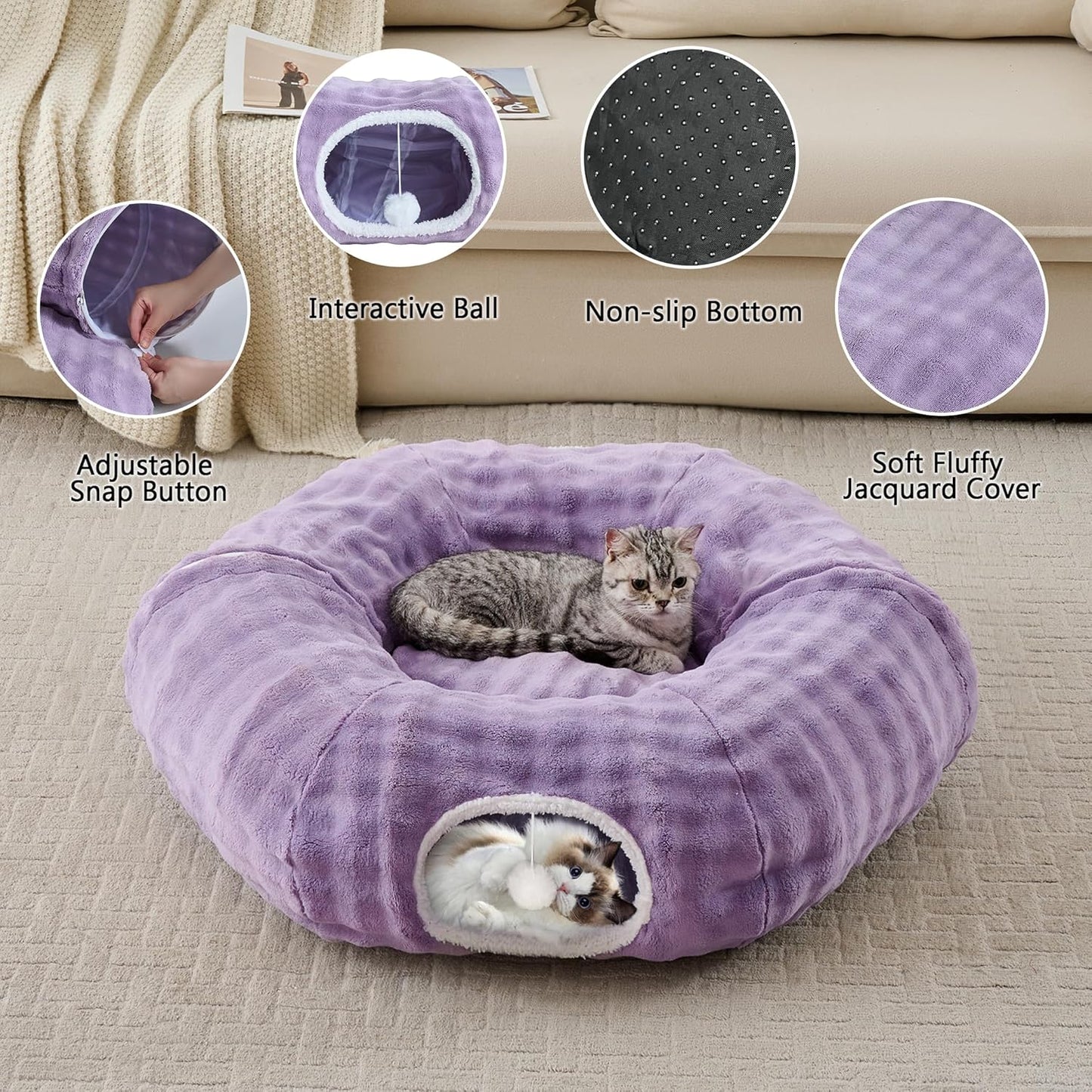 Bubble Cat Tunnel for Indoor Cats, Round Peekaboo Cave Toy with Dangling Balls, Donut Tunnel Bed with Circle Mat for Puppy Kitten Rabbit, Dusty Purple