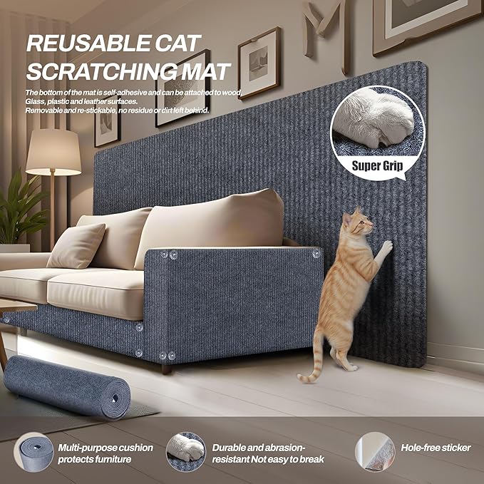 78.7"x15.8" Cat Scratch Mat Couch Furniture Protector,DIY Climb Cat Scratcher for Cat Couch Furniture or Wall Protector,Covering Cat Tower for Claws Scratching for Indoor (Light Gray)