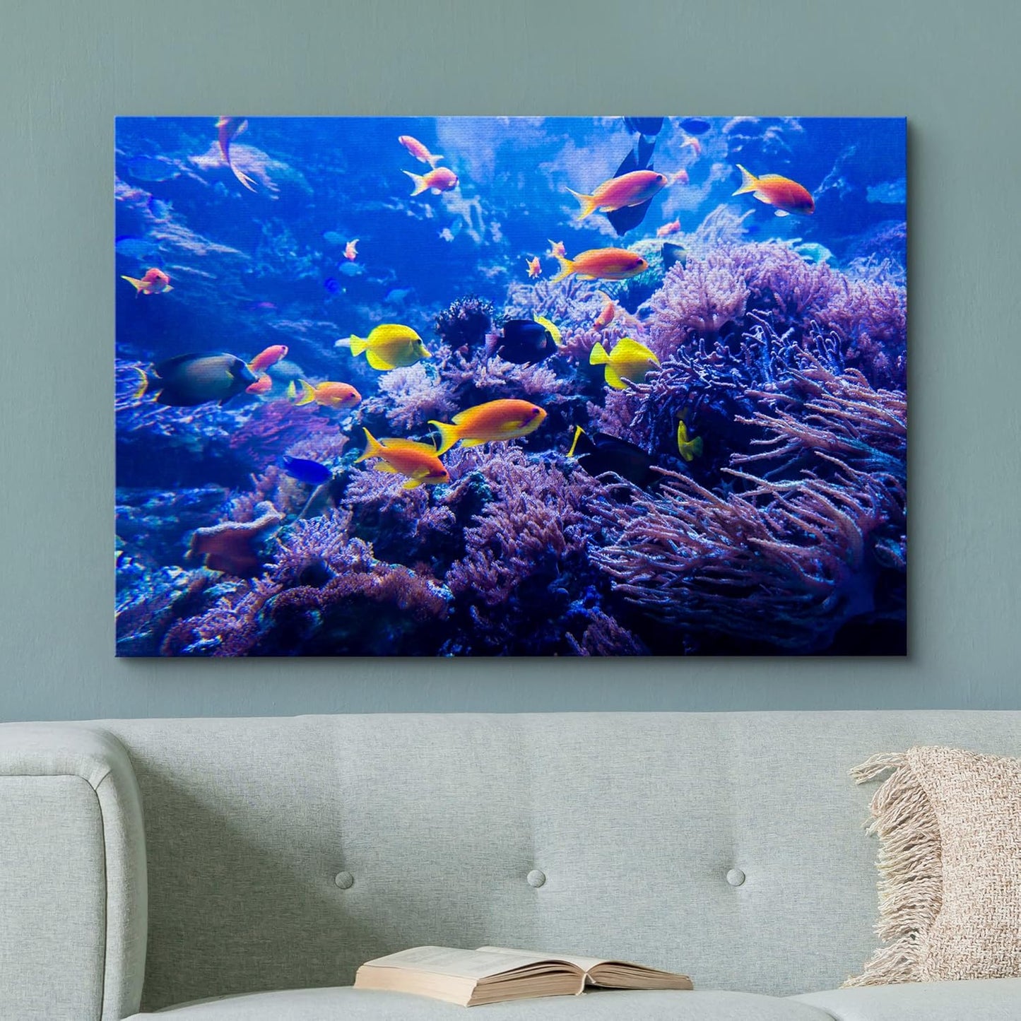 wall26 Canvas Print Wall Art Purple Blue Vibrant Anemone Coral Reef Fish Nature Animals Photography Realism Rustic Scenic Landscape Wilderness Colorful for Living Room, Bedroom, Office - 16"x24"