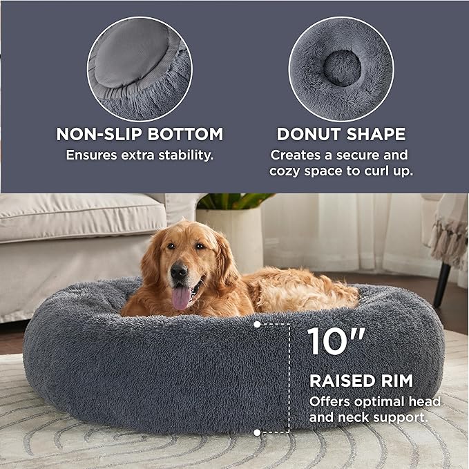Bedsure Calming Dog Bed for Extra Large Dogs - Donut Washable Large Pet Bed, 45 inches Anti-Slip Round Fluffy Plush Faux Fur Dog Bed, Fits up to 120 lbs Pets, Dark Grey