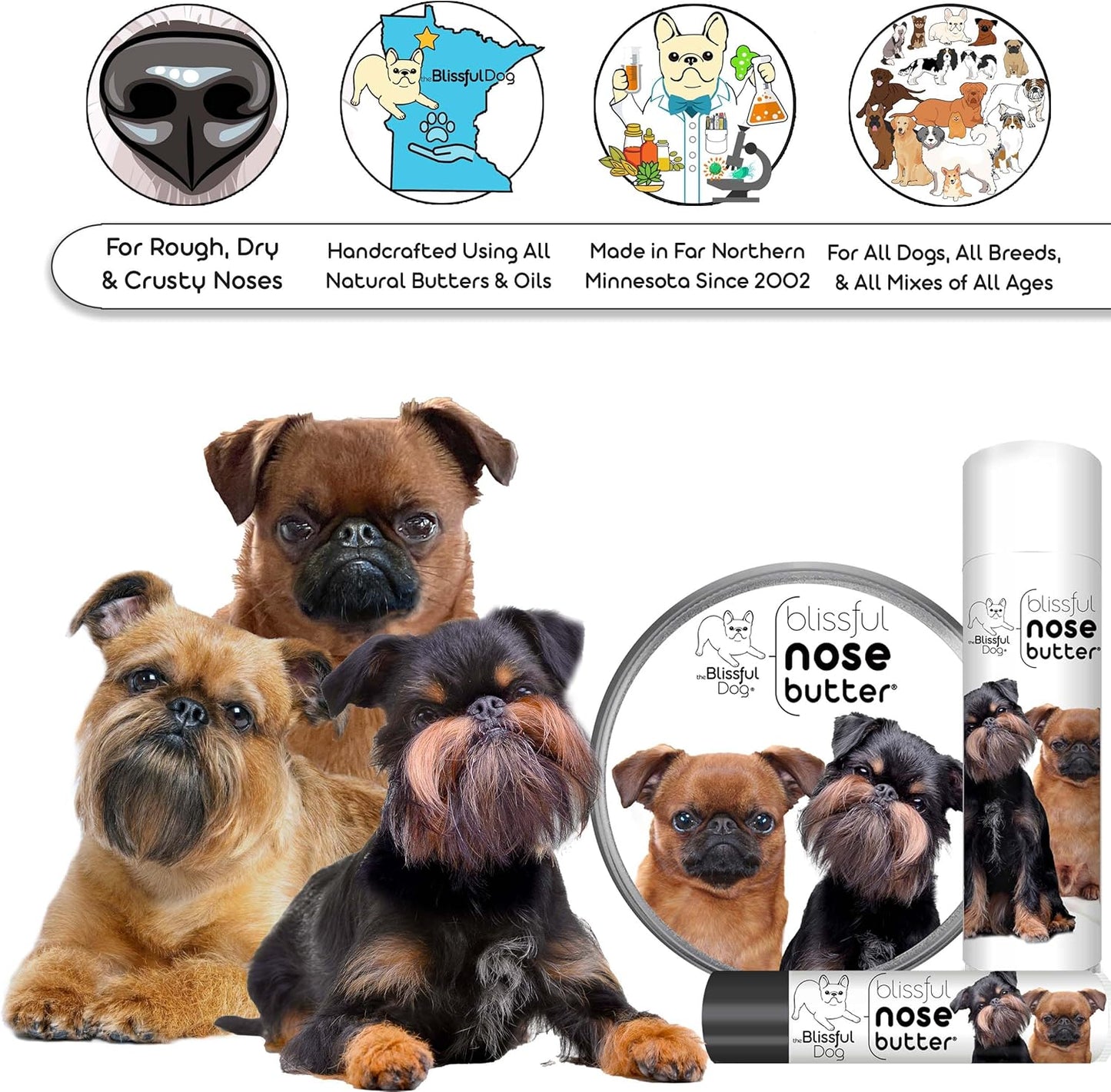 The Blissful Dog Brussels Griffon Nose Butter for Dry, Cracked Skin, Lick-Safe Dog Nose Balm with Moisturizing Shea Butter, Almond, Olive, and Essential Oils, Pet Supplies, Uncented, 0.50 oz.