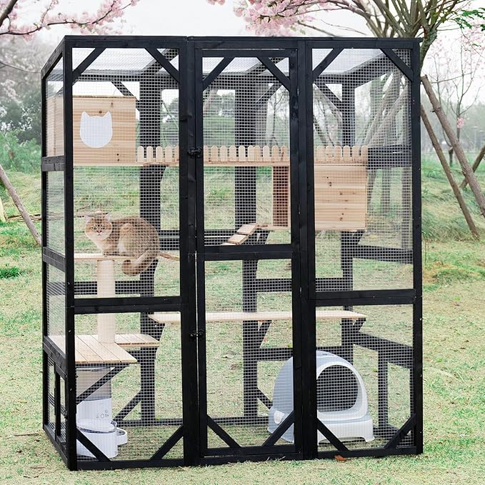 Large Catio Outdoor Cat Enclosure Window 73" H Walk-in Cat House Kitty Cage for Multiple Indoor Outdoor Cats Outside Patio with 5 Access Doors Waterproof Roof
