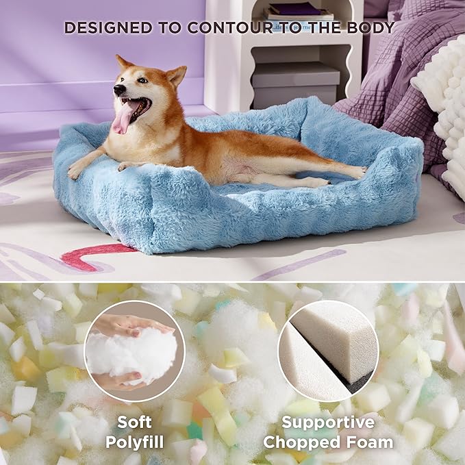 Lesure Fluffy Dog Beds for Large Dogs - Orthopedic Rectangle Calming Pet Bed,Plush Bubble Bolster Pet Sofa with Removable Washable Cover and Nonskid Bottom,36x27x8inches,Blue