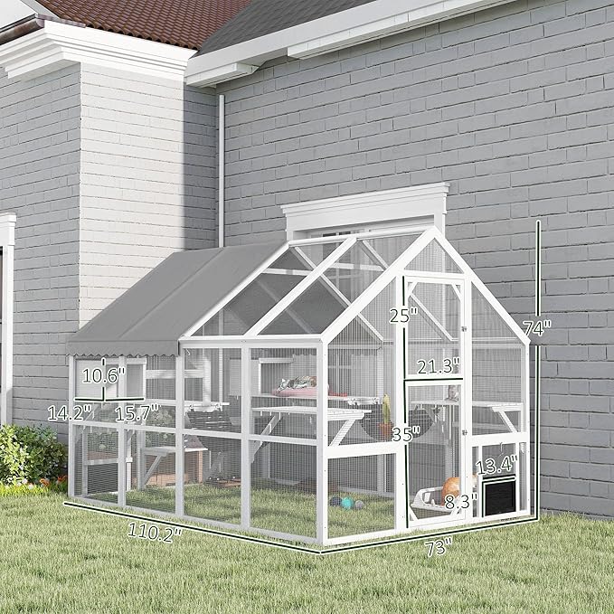 PawHut Large Catio Outdoor Cat Enclosure for Multiple Kittens, Wooden Cat House with Waterproof Cover, Walk in Kitty Cage Kennel with 2 Condos, 6 Platforms, Bridge, Doors, 110" x 73" x 74", White