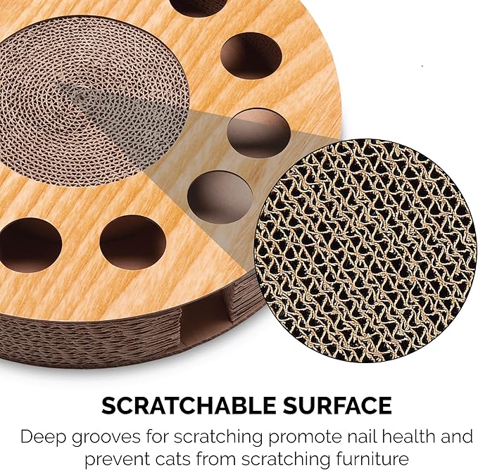 Furhaven Scratching Pad Ball Track Cat Toy w/ Catnip for Indoor Cats - Round Busy Box Scratcher - Tan, One Size