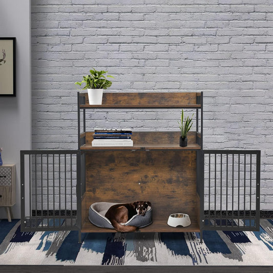 MCombo Furniture Style Dog Crate with Storage Shelves, Heavy Duty Wooden Dog Cage End Table, Triple Doors Pet House Indoor, 1368 (Brown)