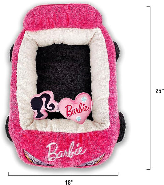 Barbie Plush Car Pet Bed- Themed Plush Pink Pet Bed for Dogs and Cats – Soft and Cozy Pet Bed with Barbie Pillow and Car Design