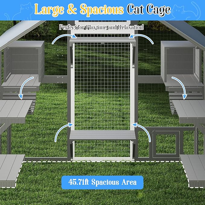 Extra Large Catio Outdoor Cat Enclosure for Multiple Cats, Wooden Walk-in Cat House with 2 Bridges, Window Connection, 2 Resting Boxes, 8 Platforms, Walks and Weatherproof Roof Cover
