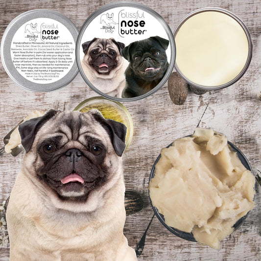 The Blissful Dog Pug Duo Nose Butter for Dry, Cracked Skin, Lick-Safe Dog Nose Balm with Moisturizing Shea Butter, Almond, Olive, and Essential Oils, Pet Supplies, Uncented, 8 oz.