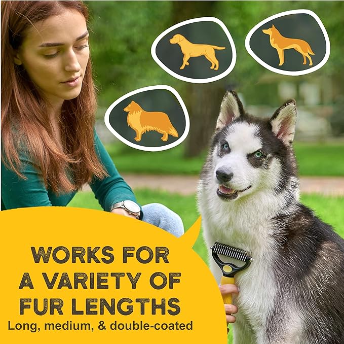 Deshedding Dog Brush - Double-Sided Pet Hair Remover for Cats & Dogs - Yellow Undercoat Grooming Rake for Shedding and Dematting