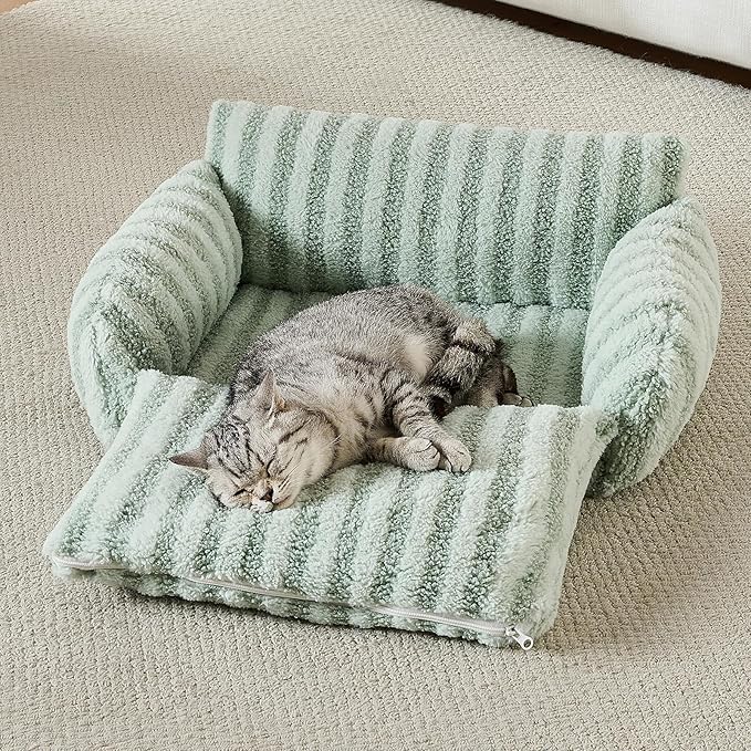 Hollypet Cat Bed Fluffy Plush Mutifuctional Double-Layer Soft Pet Couch Orthopedic Sofa Nest Beds for Small Cats and Dogs, Light Green (21x15x8 inch)
