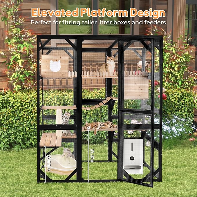 Catio Enclosure Outdoor Wooden Cat House for Multiple Cats Walk in Cage Window Access with Sunlight Friendly Weather-Proof PVC Roof