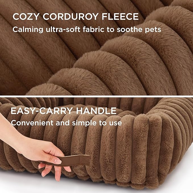 Bedsure Cute Dog Bed for Small Dogs & Cats - Washable Furry Puppy Beds, Rectangle Orthopedic Corduroy Fleece Pet Beds with Removable Zipper Cover, 20x19x6inches, Copper Brown
