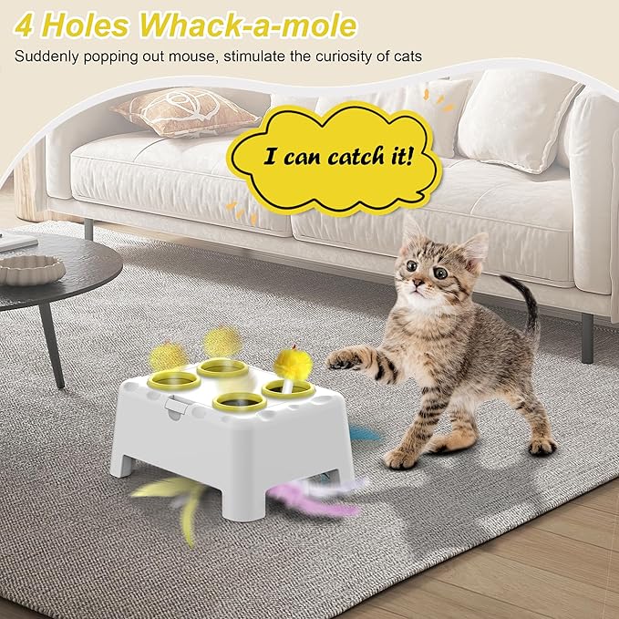 Cat Toys, Interactive Cat Toys, 2-in-1 Moving Concealed Feathers, 4 Holes Mice Whack A Mole Cat Kitten Toy Exercise Toys for Indoor Bored Adult Cats, USB Rechargeable Electronic Kitten Toys (White)
