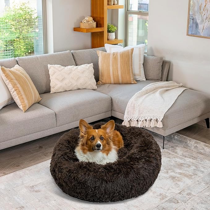 Best Friends by Sheri Original Calming Donut Dog and Cat Bed, Shag Faux Fur, Dark Brown, (30in x 30in) - Anxiety Relief for Pets Up to 45 lbs