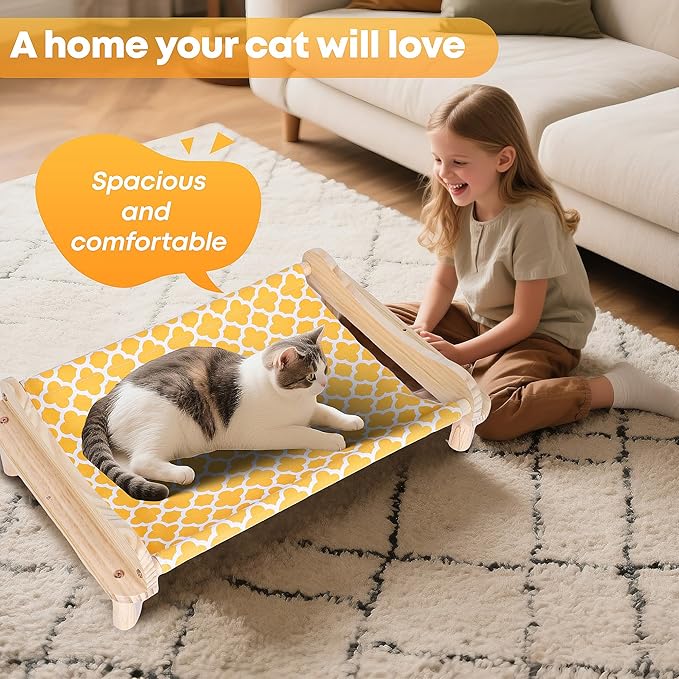 Elevated Wooden Cat Bed – 24"x15.7"x5.9" Breathable Hammock Pet Bed for Indoor/Outdoor Use, Raised Dog Lounger for Small Pets Like Kittens, Puppies, Rabbits, and Bunnies(Orange-1)